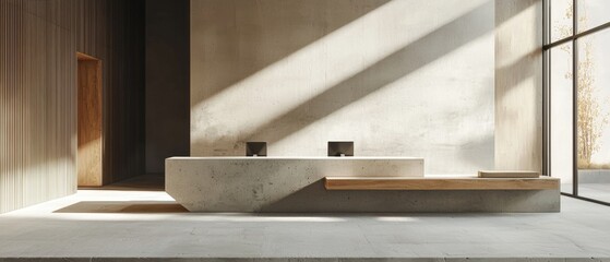 A large room with a counter and a bench