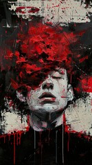Abstract Portrait with Red Splashes: A Study of Emotional Turmoil