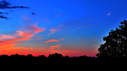 Obraz premium beautiful twilight sky unfolds, painted in rich hues of blue, pink, and orange, with crescent moon shining brightly above silhouette of trees
