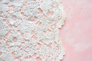 Soft pink and white background with a faint lace pattern.