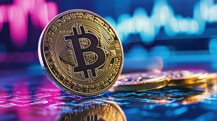 Bitcoin Cryptocurrency with Market Chart Background
