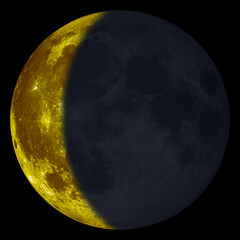New Moon and Waning Crescent. Yellow or Gold Color (Moon Phase) - isolated black background, 