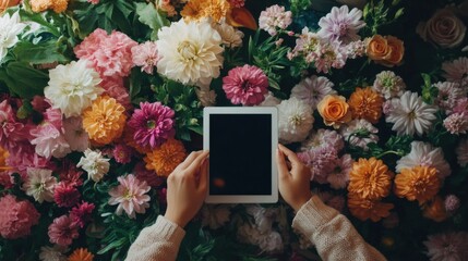 Person using a tablet surrounded by flowers and coffee