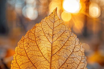 Macro closeup of dried autumn leaf in sunlight.