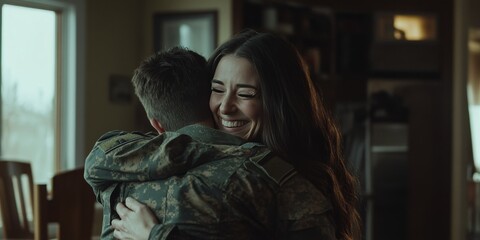 A happy military mom is hugging her son after he came home from the army. A smiling soldier is joyfully reunited with her child after being away.