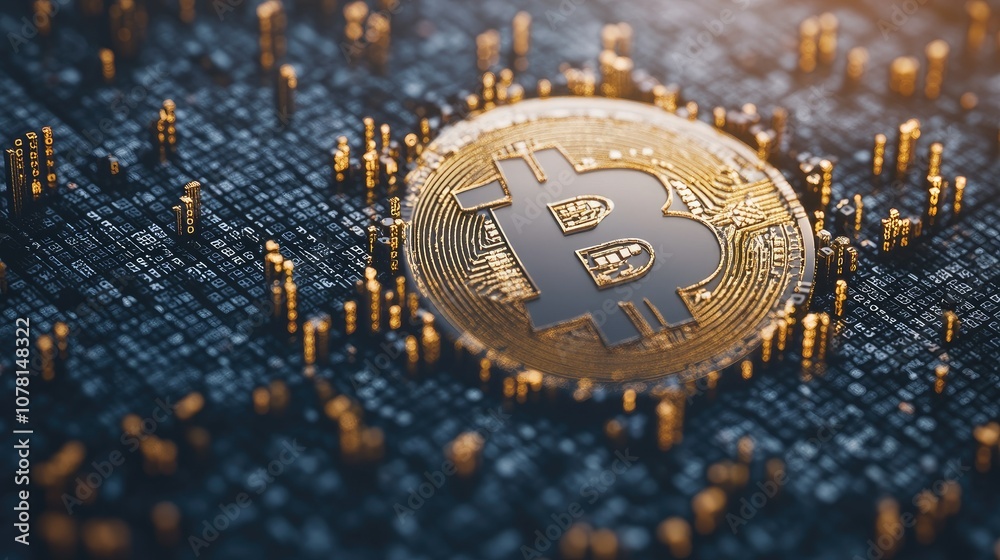 Poster bitcoin coin on digital background with data elements