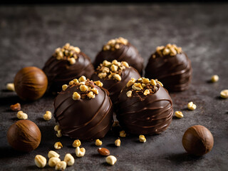 Hazelnut Chocolate Truffles: Chocolate truffles with a creamy hazelnut center, coated in chocolate and rolled in chopped hazelnuts for a crunchy twist.