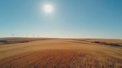 A wide shot of a field with wind turbines in the distance, under a bright sun.