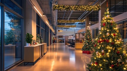 Modern office space is decorated for the holidays with quality pic.