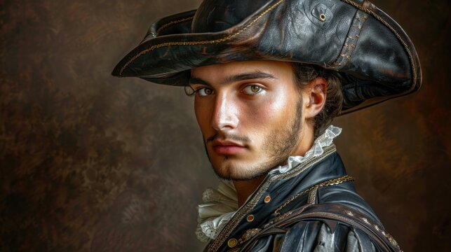 The young conquistador showcases a determined expression while wearing armor and a morion helmet under soft, natural light