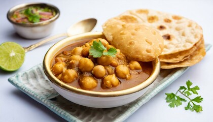 Chole bhature is a North Indian food dish. A combination of chana masala and bhatura or puri. ai generated