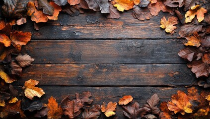 Autumn Leaves on a Rustic Wooden Background