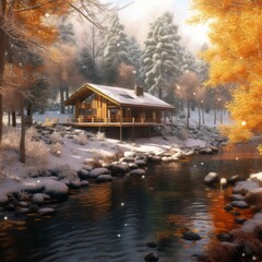 Fototapeta premium Whimsical Warmth: The Cozy Cottage in a Snowy Forest