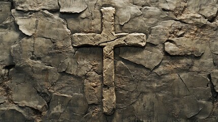Cross etched on an ancient stone wall, with room for text on heritage and spirituality