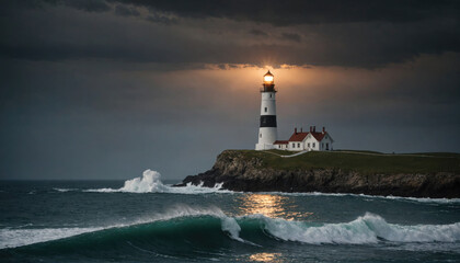 A lighthouse stands tall on a rocky cliff, guiding ships through the dark night © Miklos