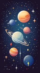Naklejka premium A colorful illustration of planets and stars in a cosmic scene.