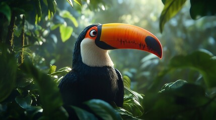 Fototapeta premium A toucan with a large orange beak peeks through the lush green foliage of a tropical rainforest.