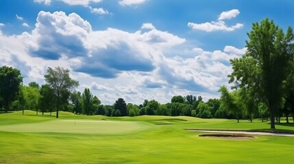 A scenic golf course under a bright blue sky with fluffy clouds and lush green grass.