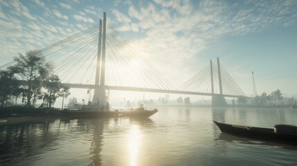 Obraz premium Serene Morning at the River with Sunlight Reflection