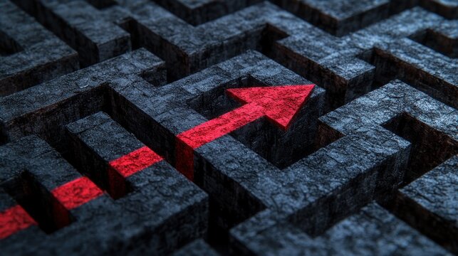 A red arrow navigates a dark, textured maze, symbolizing problem-solving and direction.