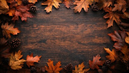 Obraz premium Autumn Leaves Frame on Wooden Background