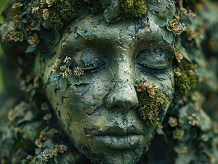 Close Up of a Moss Covered Stone Face Sculpture with Delicate Flowers