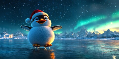 Obraz premium A cheerful penguin in a Santa hat stands on a frozen lake with a starry night sky and aurora borealis in the background.