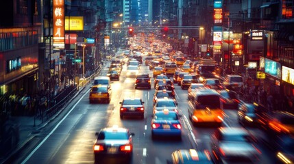Car traffic in Hong Kong. crowded streets with vehicles moving slowly through city center.