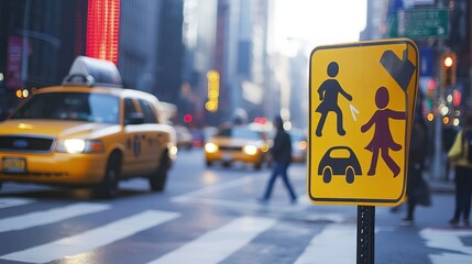 Child safety accident prevention campaign in New York. USA. posters and signs for road safety.