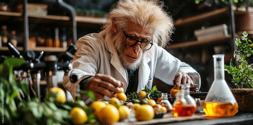 Poster A chimpanzee scientist in a lab coat examines lemons and other items in a lab setting.