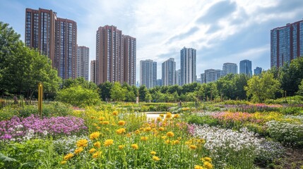 Fototapeta premium Vibrant Urban Garden with Skyscrapers in Background