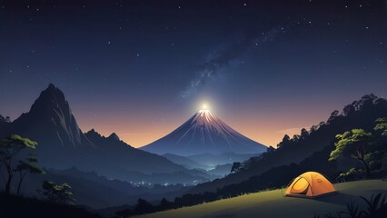 illustration of a mountain with shining stars at night with a view of a camping tent