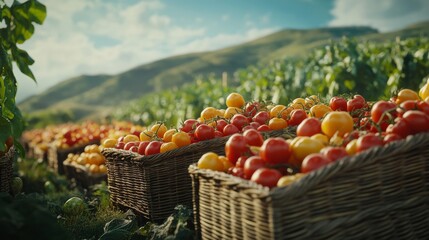 a close-up of rows of vibrant red and yellow tomatoes arranged in handmade baskets with a green farm backdrop, celebrating Farmerâ€™s Day, 