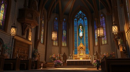 Fototapeta premium Serene Interior of a Stained Glass Chapel