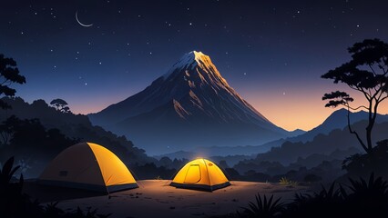 illustration of a mountain with shining stars at night with a view of a camping tent