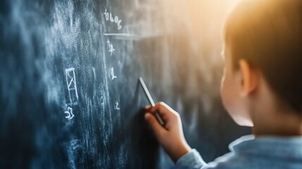 Focused Child Learning Mathematics on Chalkboard, Engaged in Problem Solving, Educational Environment, Early Childhood Development, Classroom Activities