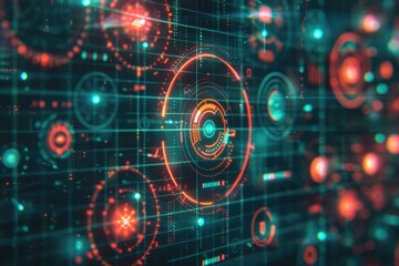 Digital holographic business concept illustration with circles and symbols.