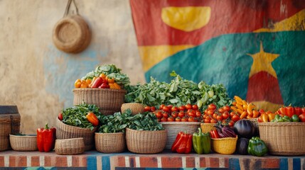Fototapeta premium a colorful farmerâ€™s market stall displaying Ghanaian produce like tomatoes, peppers, and leafy greens, surrounded by handmade baskets and Ghanaâ€™s flag, perfect for Farmerâ€™s Day,