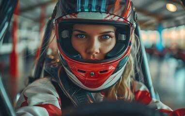 Fototapeta premium Close up portrait of confident woman, female go cart racer in uniform and helmet driving a sport vehicle. Car racing track, drift, speed, adrenaline, motorsport concept. Blurred background, de focused