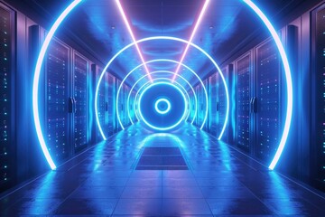 Neon blue scanner in server room for data storage concept.