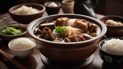 Malaysian and Singapore cuisine, claypot Bak Kut The with bowl of rice