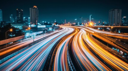 Obraz premium Nighttime Cityscape with Light Trails on Highway