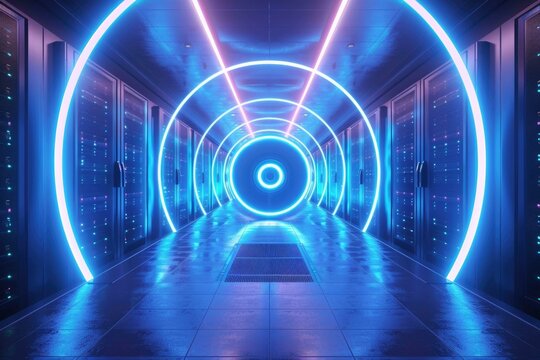 Neon blue scanner in server room for data storage concept.