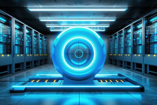 Neon blue scanner in server room for data storage concept.