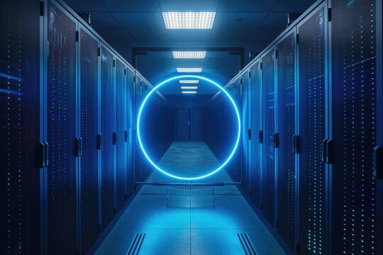 Neon blue scanner in server room for data storage concept.