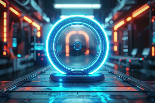 Neon blue scanner in server room for data storage concept.