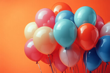 Cheerful design with multicolored balloons on a warm orange background, creating space for personalized text,