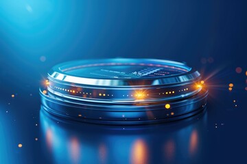 Round scanner processing data against glowing light on blue background.