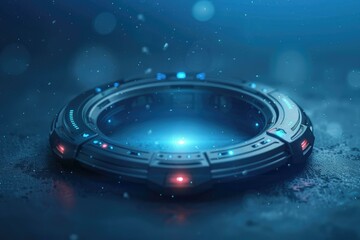 Round scanner processing data against glowing light on blue background.