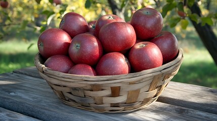 A basket filled with fresh red apples, placed on a wooden surface in a natural setting.